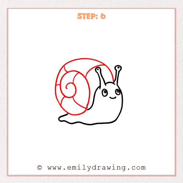 how to draw a cartoon snail - Cartoon snail with a large rounded shell added, featuring a spiral swirl and curved segment lines across the shell.
